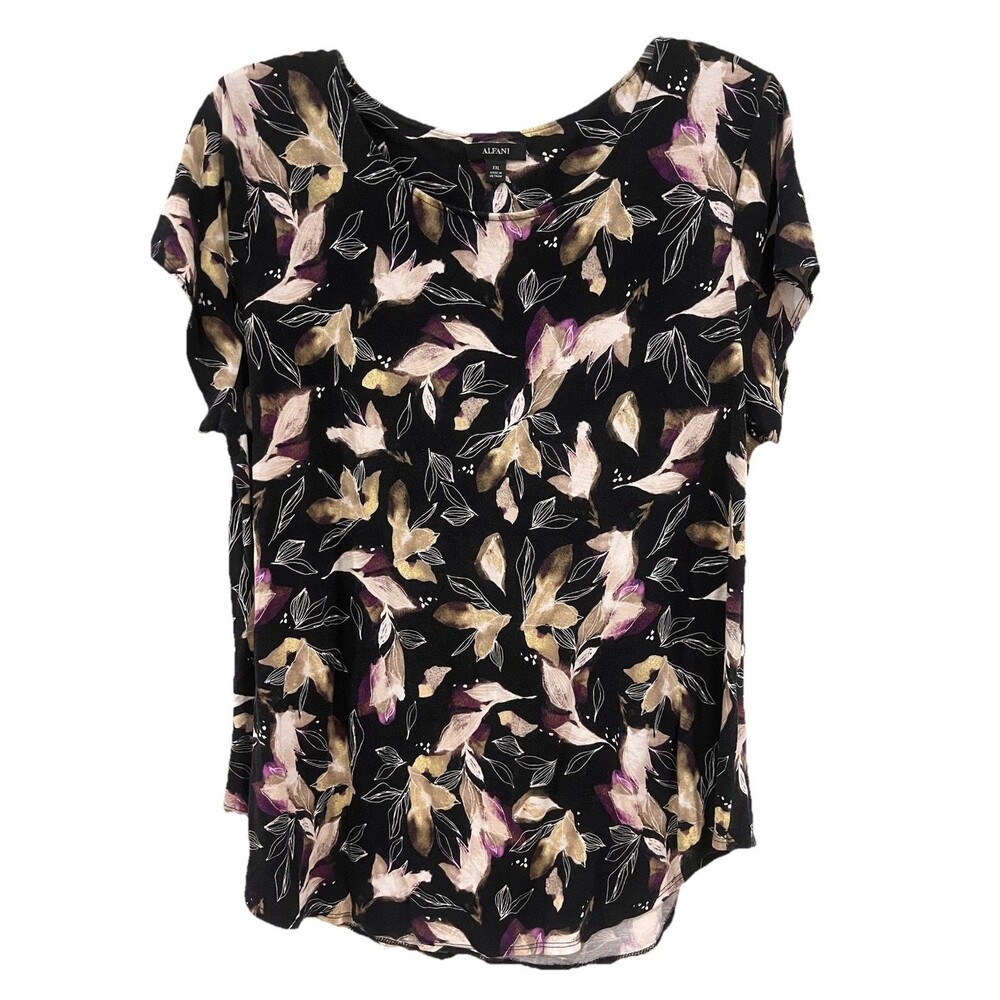Alfani Women’s Rayon Knit Floral Top Cap Sleeves Black Multi XXL Rounded Hem